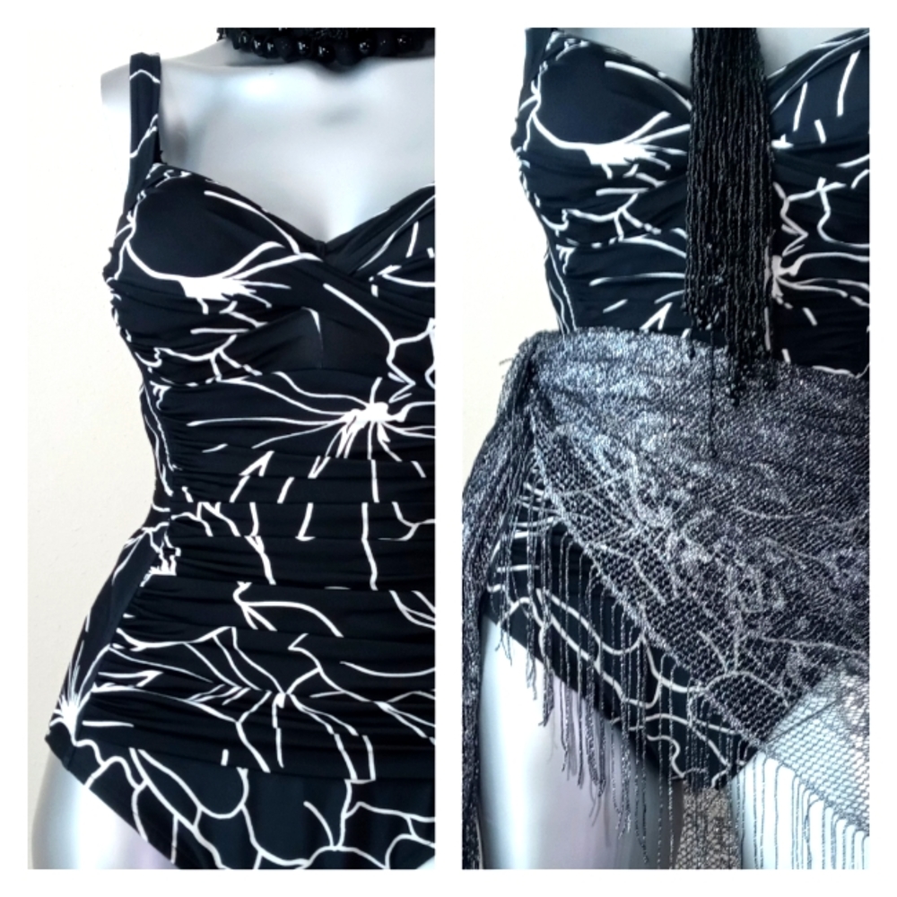 70S VinTAge "RETRO MOD" Abstract Print Ruching One Piece Swimsuit/Bodysuit